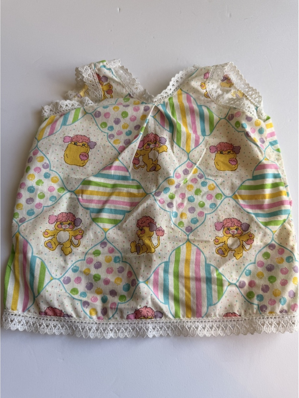 Vintage Baby Doll Dress with Colorful Popples Pattern and Lace Trim